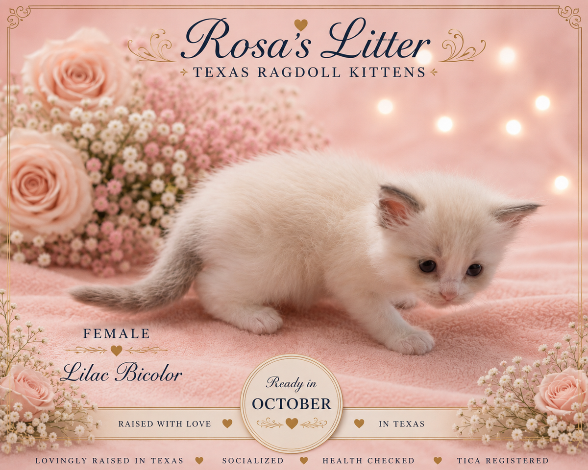 Rosa's Litter Lilac Bicolor female Ragdoll kitten on pink blanket with roses – Texas